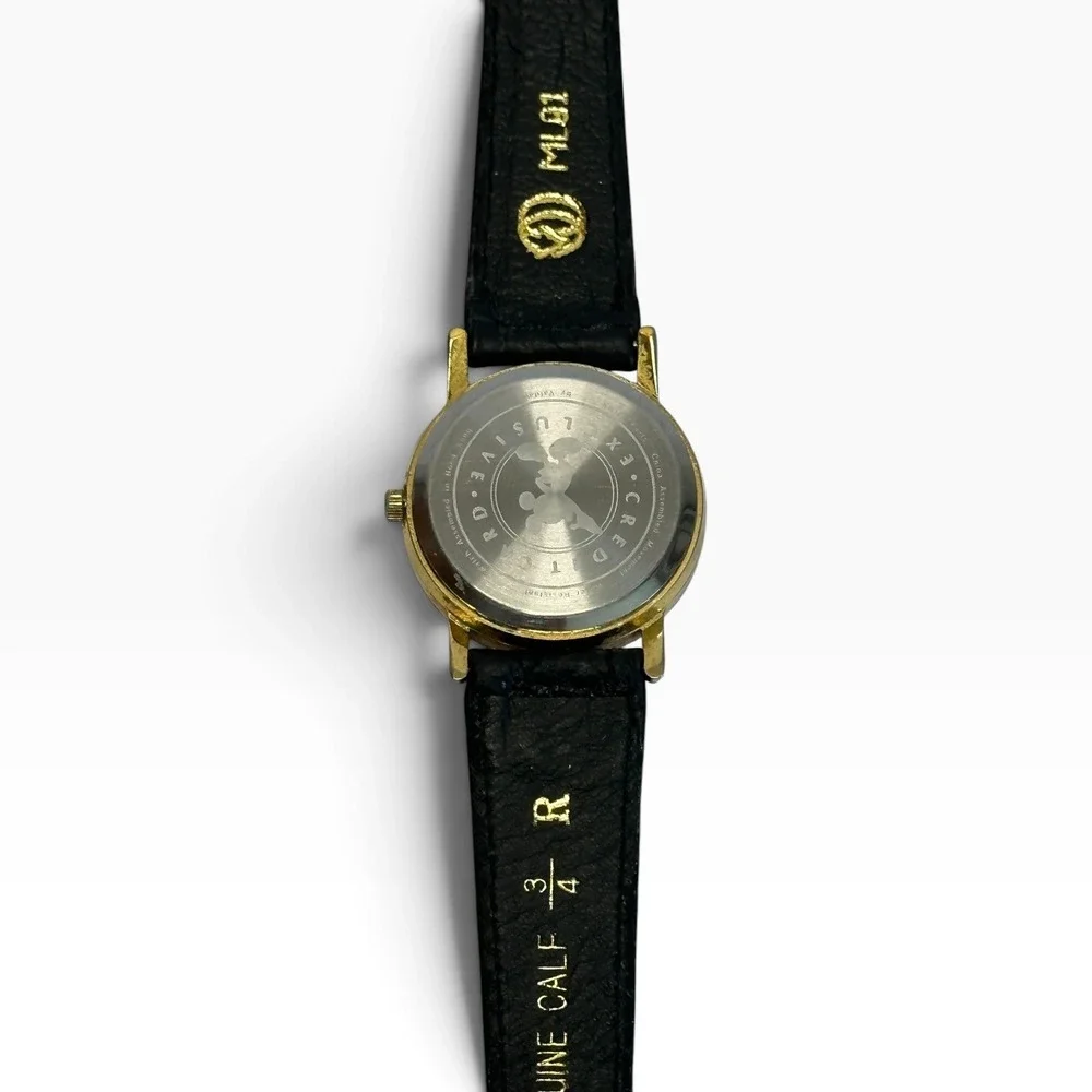 Vintage Disney Valdawn Mickey Minnie Christmas Watch Black Leather Tone